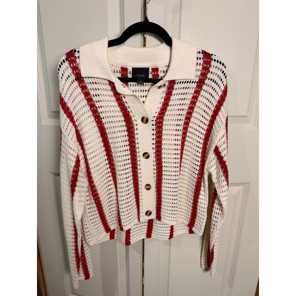 Lumiere Womens Red Ivory Striped Open Knit Button Front Polo Cardigan Sweater S